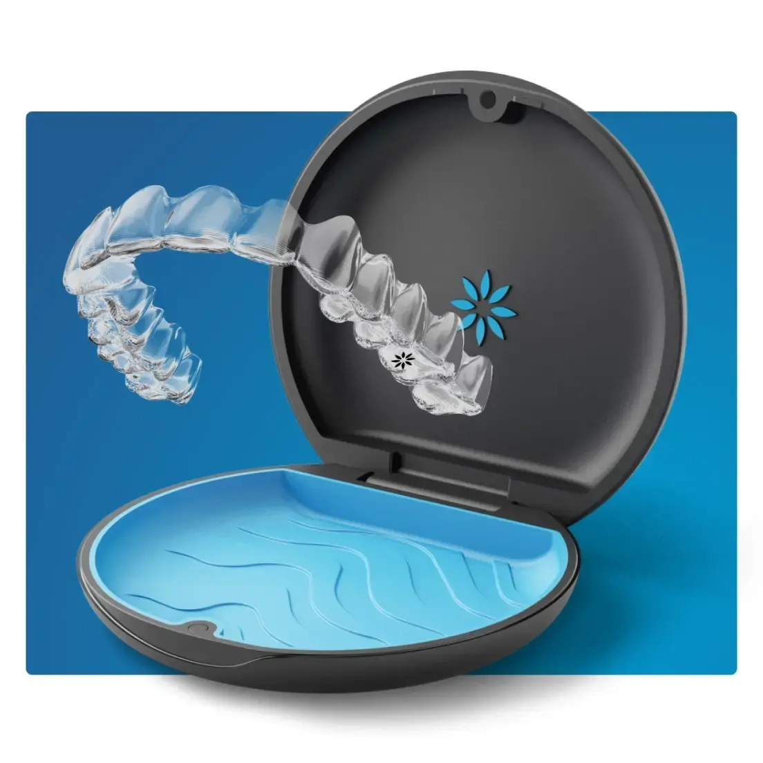 Alinhadores transparentes Invisalign com estojo preto aberto